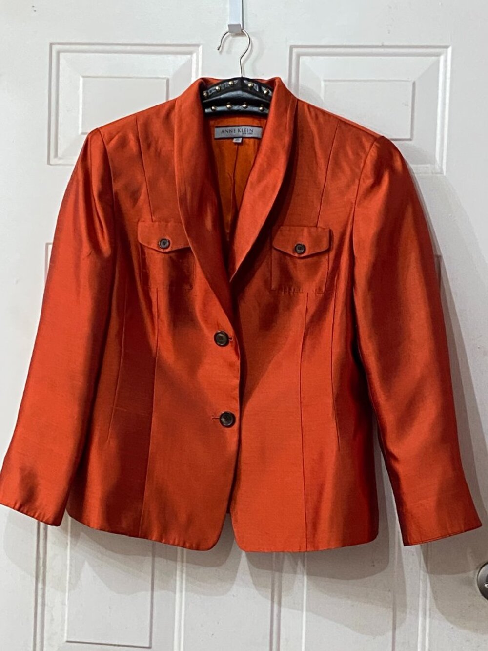VTG Anne Klein Sz 14P Silk Jacket Button Blazer Long Sleeve Orange Pockets